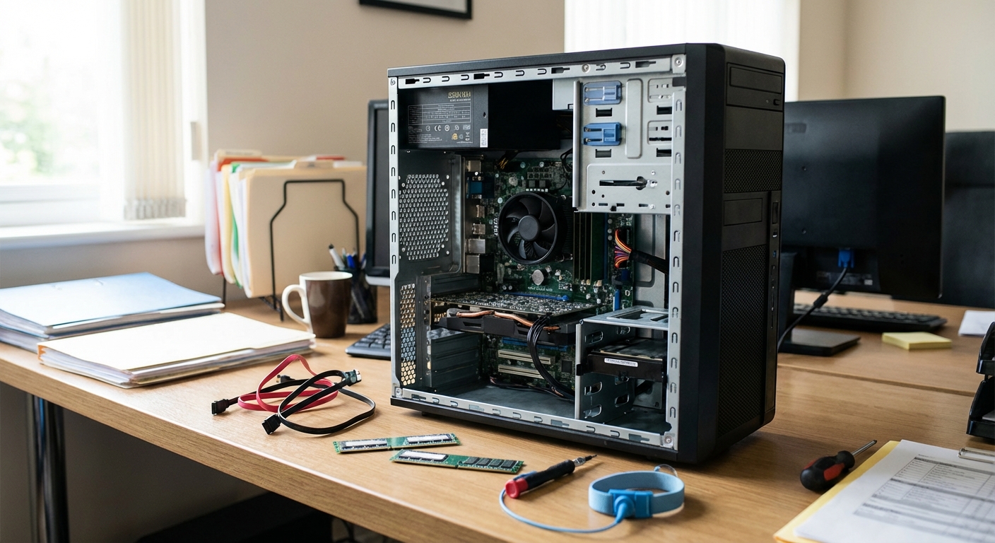 Opengemaakt computerbehuizing op een bureau met losse onderdelen, kantooromgeving