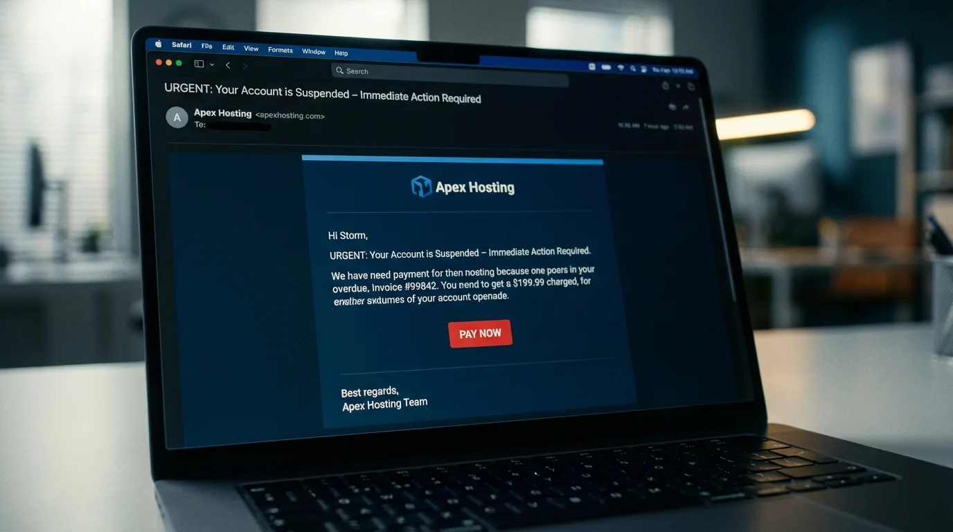 Phishing e-mail nagemaakt van een hostingprovider op een laptopscherm