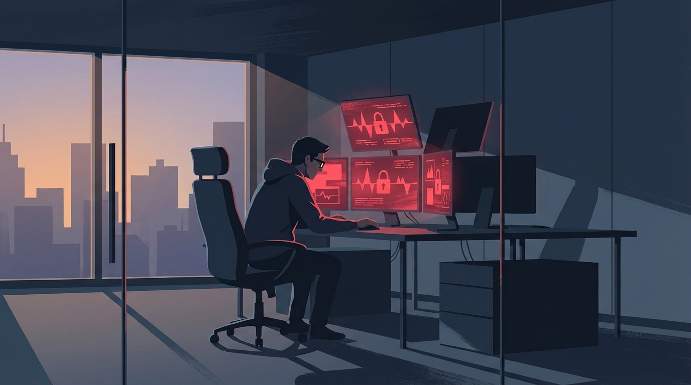 IT-professional werkt 's ochtends vroeg alleen op kantoor met rode waarschuwingsschermen