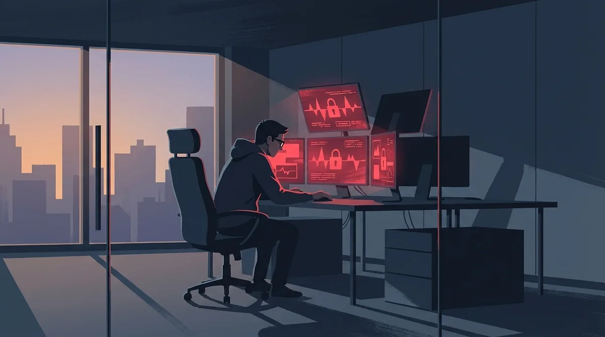 IT-professional werkt 's ochtends vroeg alleen op kantoor met rode waarschuwingsschermen