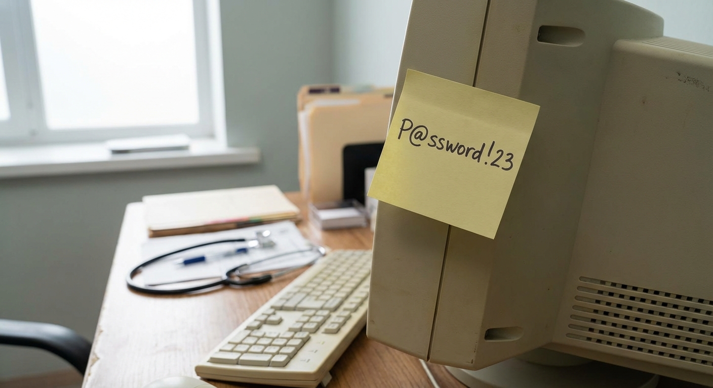 Post-it met wachtwoord op een kantoormonitor in een kleine praktijk