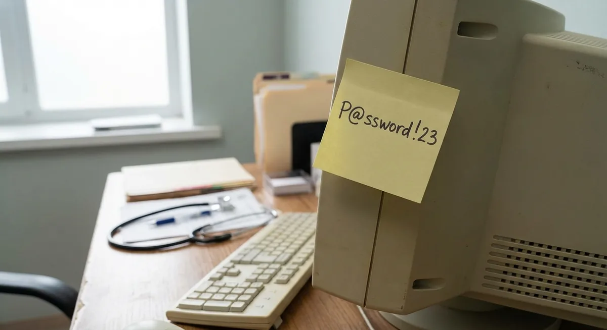 Post-it met wachtwoord op een kantoormonitor in een kleine praktijk